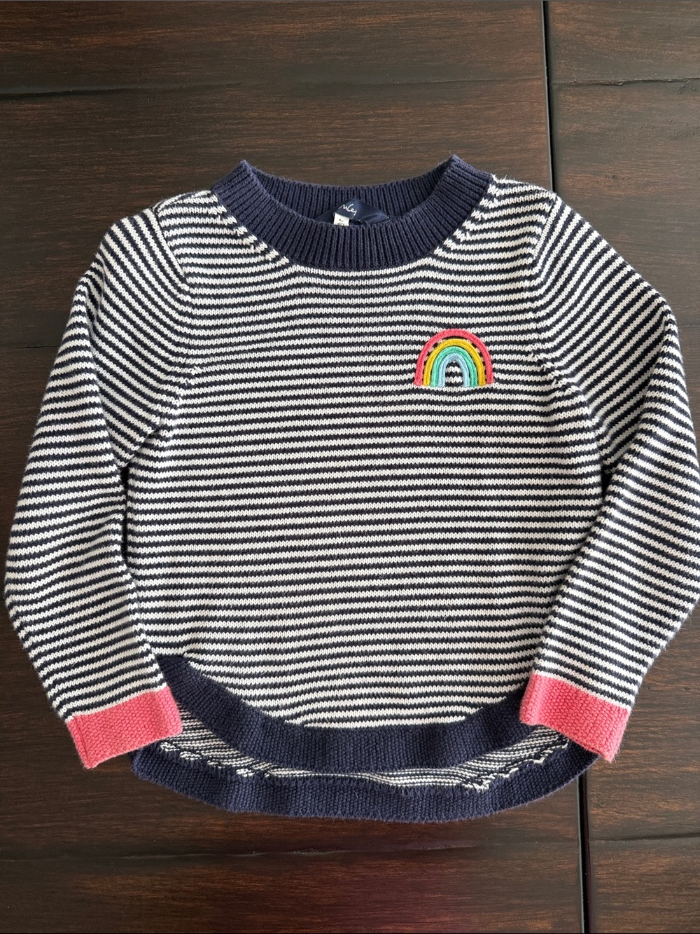 Joules Navy & White Striped Kids Sweater with Rainbow Patch and Pink Cuffs